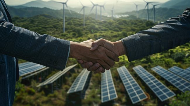 a partnership in sustainability, where two hands shake in agreement, set against a montage of renewable energy sources like solar farms